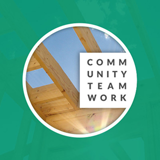 The Comm Unity Team Work logo, which is a green field with a cut out circle in the middle, featuring an in progress house being built.