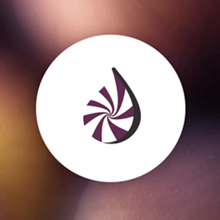The figments logo, which is a abstract water droplet, with radial bars inside, over a blury tan and purple field.